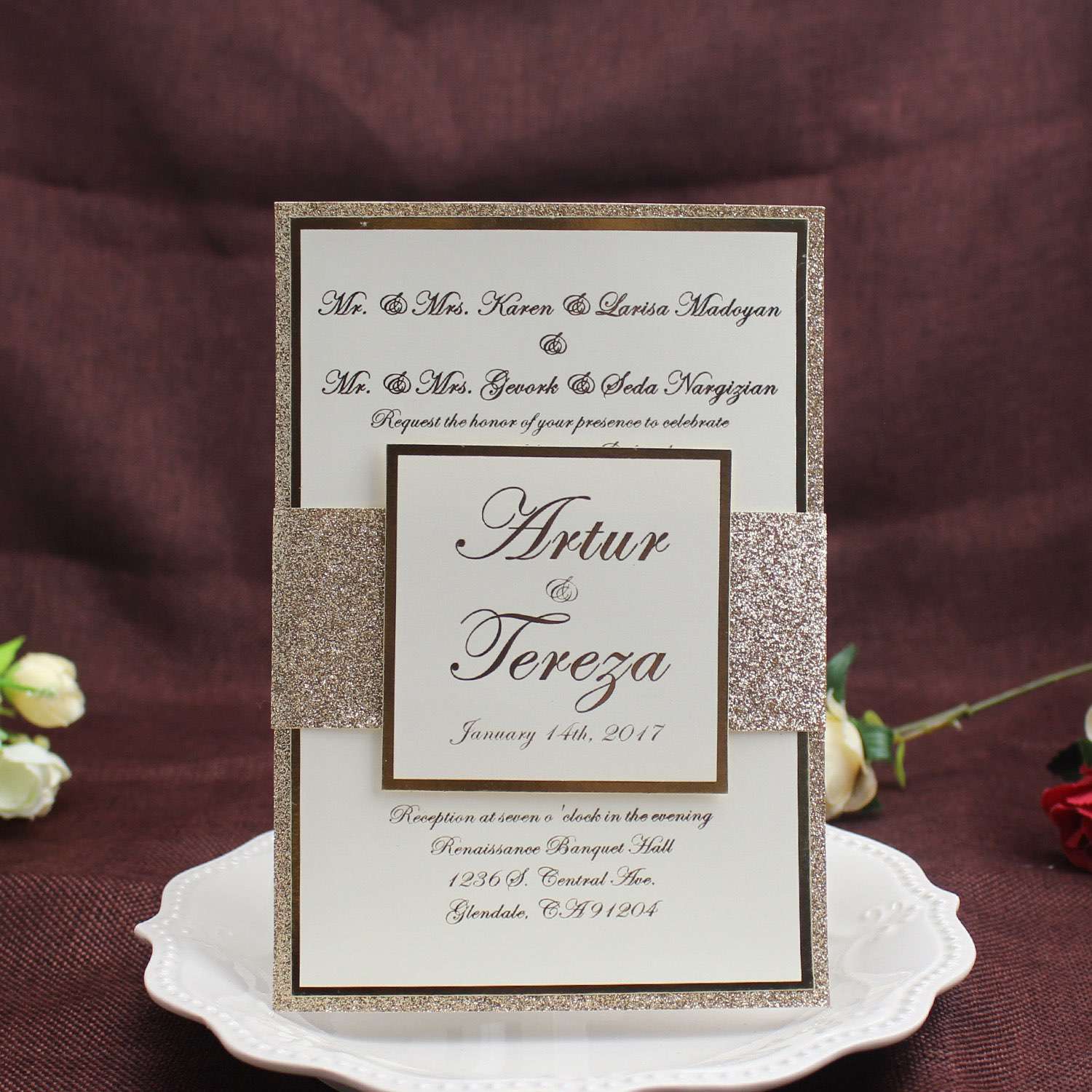 Glitter Invitation Card with Envelope Foil Printing Wedding Invitation Customized 